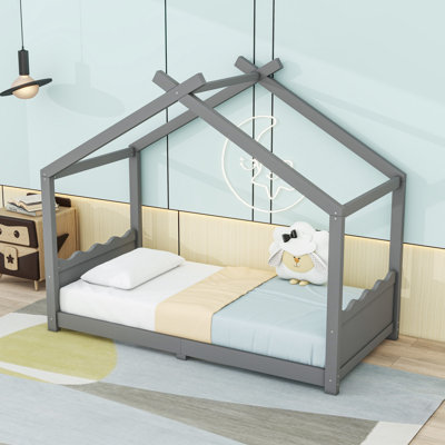 Wood House Floor Bed With Slats