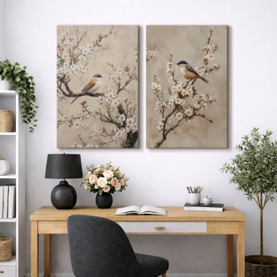 Elegant Bird and Blossom Botanical Artwork, Living Room Pictures, Framed Canvas Giclee Print 2 Pieces Wall Art