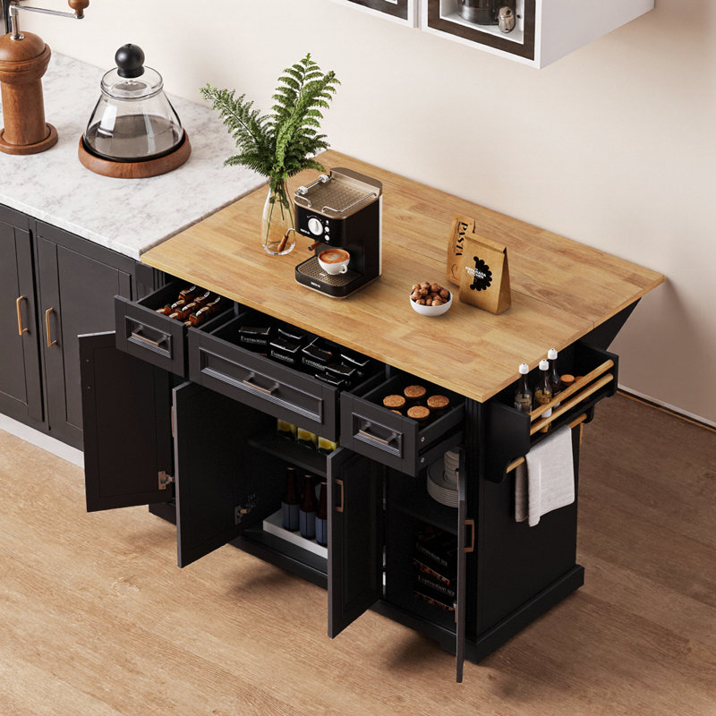 54" Black Farmhouse Kitchen Island with Drop Leaf, 4 Doors & 3 Drawers, Rubber Wood Top, Wheels, Black