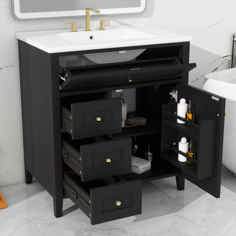 Meuble-lavabo de 30 po avec lavabo, un tiroir basculant, trois tiroirs, une tablette de porte, une tablette réglable, Noir