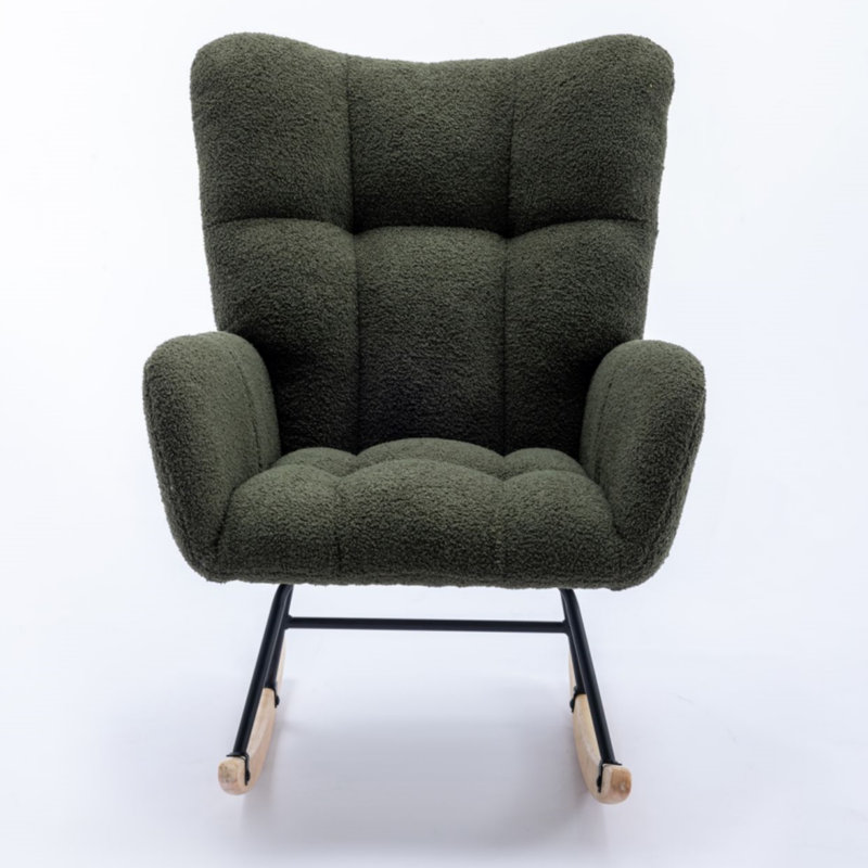 Chaise berçante en tissu doux et moelleux avec dossier à oreilles confortable et base en bois massif sécuritaire, Vert foncé