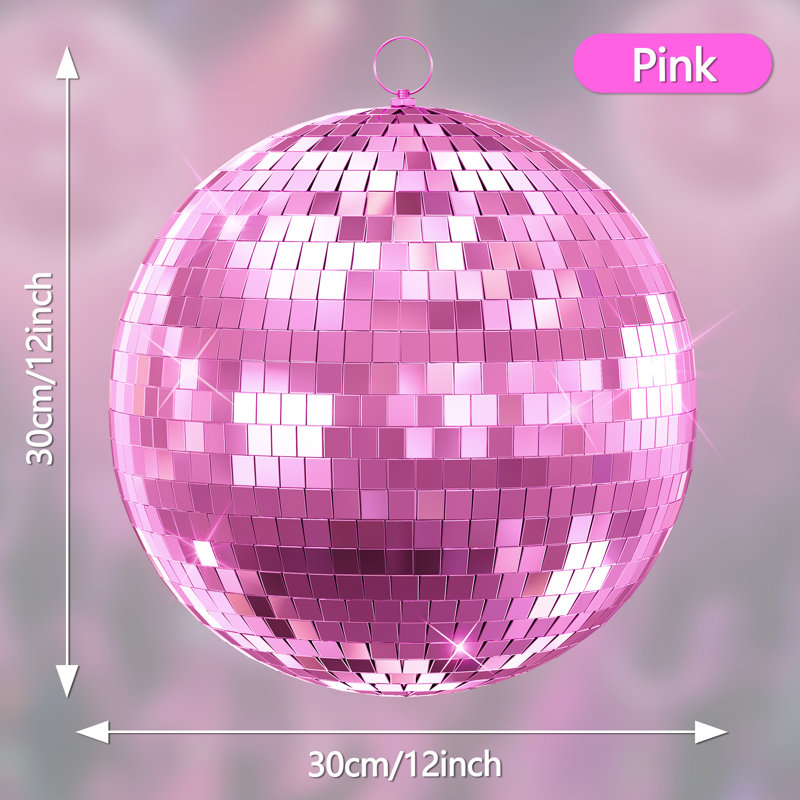 12-Inch Large Hanging Mirror Ball for Disco Party Decor (Pink)