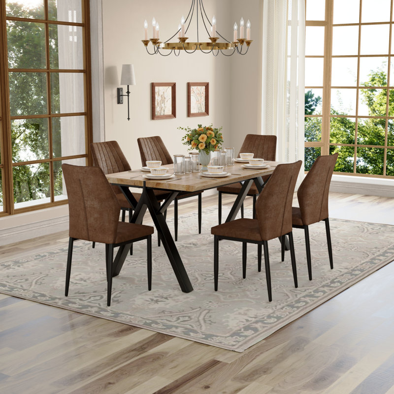 Ensemble de table de salle à manger 63 po Mid-Century, plateau en bois épais avec chaises rembourrées, sièges 4 à 6, Brun