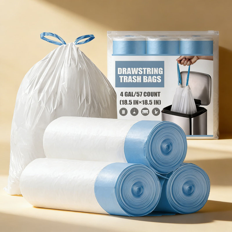 4 sacs à ordures à cordon 4 gallons, 57 sacs à ordures non parfumés avec fermeture facile pour la salle de bain, le bureau et la chambre à coucher