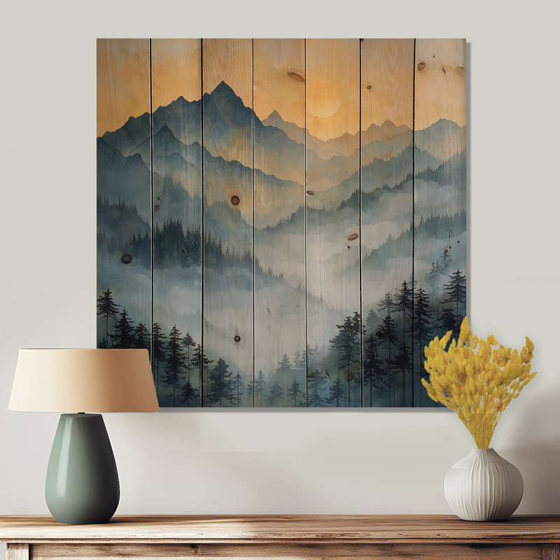Misty Mountain Sunrise I - paysage de montagnes, art mural sur bois de pin naturel, H 25 po x l 25 po x P 0,78 po