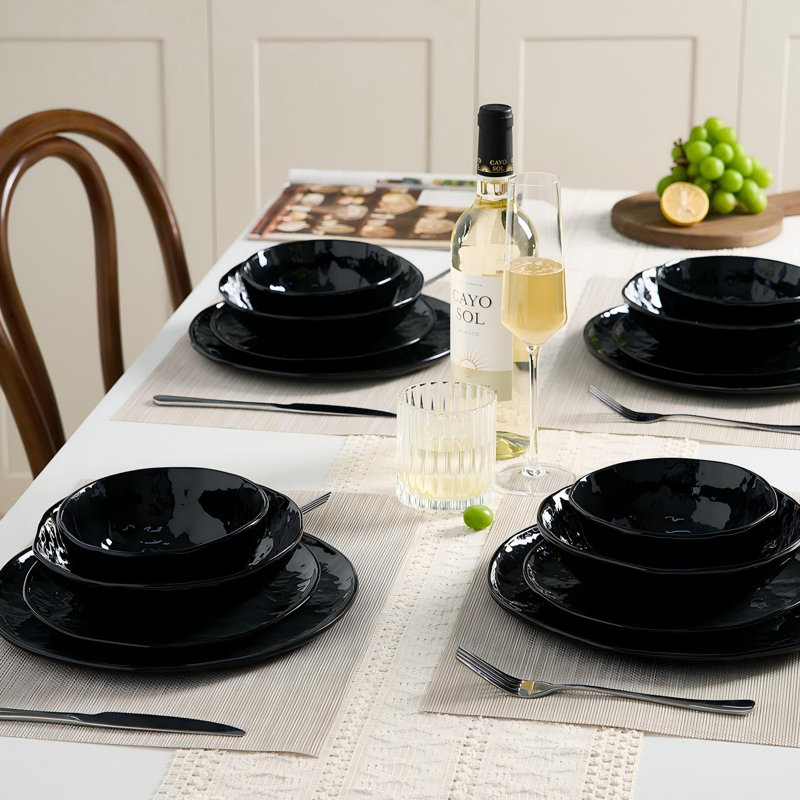 Ensemble 16 pièces d'assiettes et bols Sanjay, Noir lustré