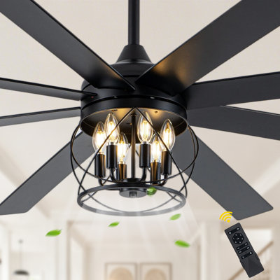 72" 8-Blade Large Farmhouse Ceiling Fan with Lights, Reversible 6 Speeds Black Caged Ceiling Fan for Large Room