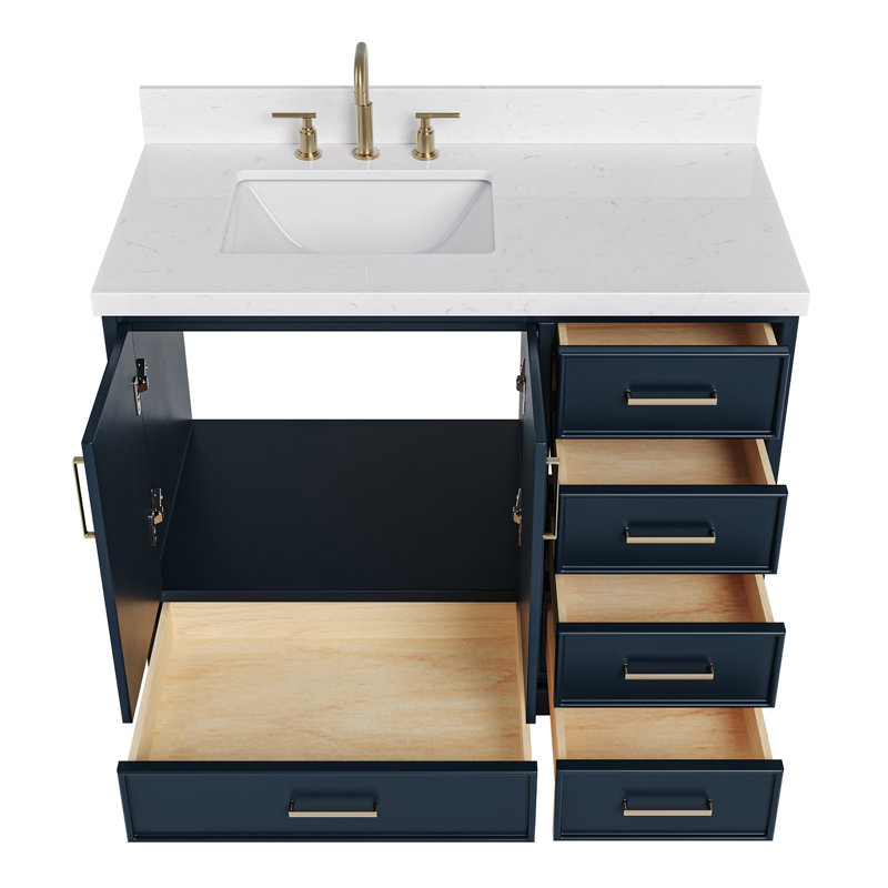 42.25'' Single Bathroom Vanity with Carrara Quartz Top, Midnight Blue, Satin Brass