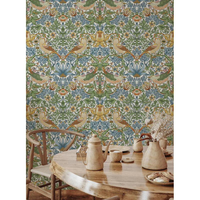 Rouleau de papier peint avec voleur de fraises par William Morris Bryelle, Bleu/blanc/vert