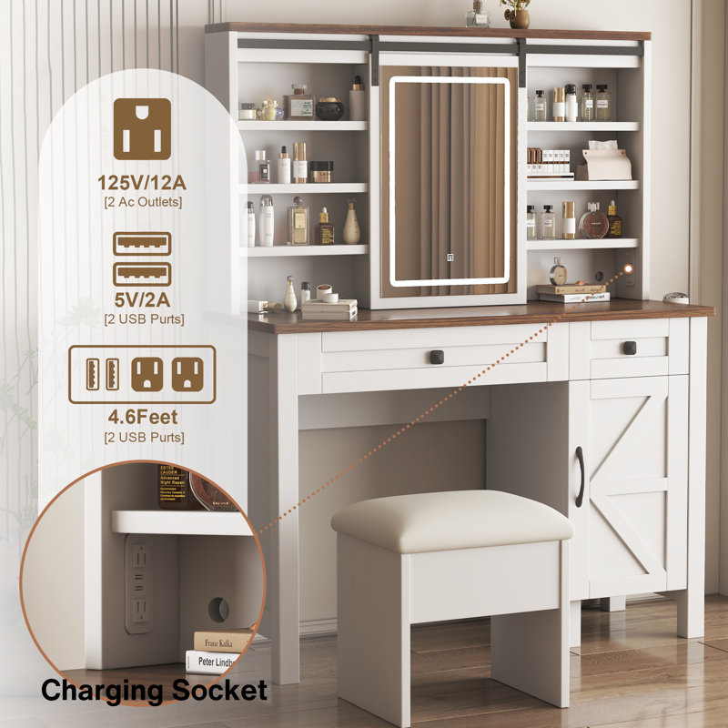 Makeup Vanity Desk Set With Sliding Mirror, Adjustable LED Light, Charging Socket, Multi Storage