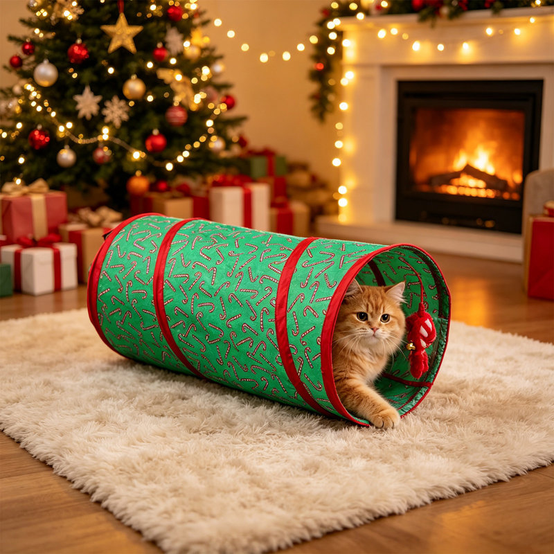 Décorations de Noël, tunnel de jeu interactif pour animaux de compagnie, thème sapin de Noël, pliable, idéal pour les photos de fêtes et les divertissements d'intérieur.