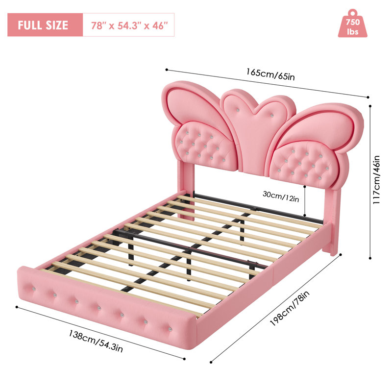 Pink Butterfly Velvet Floating Bed with LED Light, Full, Pink
