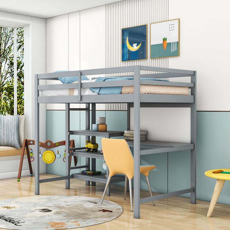 Lit mezzanine en bois pour enfants avec tablettes, bureau et tableau d'écriture, gris