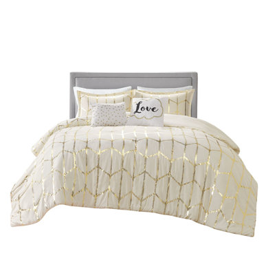 Housse de couette très grand / très grand avec + imprimé métallique doré et taies décoratives à motif géométrique plissé