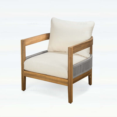 Fauteuil club d'extérieur et table d'appoint en travertin en béton, teck et beige, résistant aux intempéries et confortable pour un patio