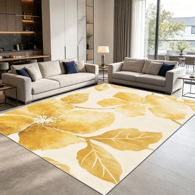 1PC Watercolor Golden Floral Leaf Print area rugs for Living Room, Soft and Comfortable, Suitable for all seasons, easy-to-maintain, machine washable Indoor floor mat, Under Table Farmhouse suitable for dining table, bedroom, kitchen, foyer, patio,