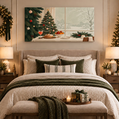 Art mural sur toile décoré, fête des fêtes, neige, fenêtre enneigée
