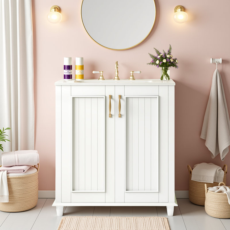 Meuble-lavabo de style pastoral de 30 pouces avec lavabo en céramique, charnières à fermeture en douceur, grand espace de rangement