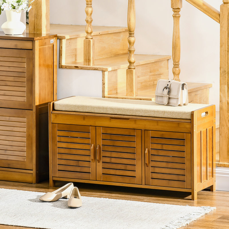 Banc à chaussures avec armoires de rangement, banc d'entrée en bambou avec coussin de siège, 3 portes et compartiment caché pour le couloir, brun