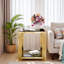Table de bout moderne carrée avec plateau en verre trempé, tablette inférieure et structure asymétrique en métal-486463242