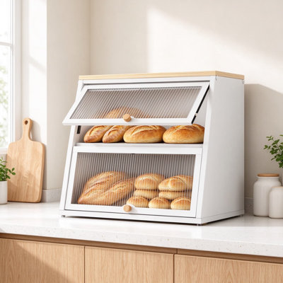 Bread Box for Kitchen Countertop, Metal Bread Storage Container with Acrylic Wavy Door, Bamboo Top, Magnetic Seal, 2 Tier Breadbox, Anti Slip Base