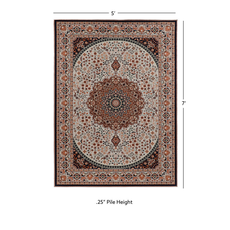 Emanuel Traditional Machine Woven Flatweave Cream and Copper Area Rug with Non Skid Backing, Rectangle 5' X 7'