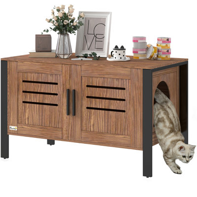 Cat Litter Box Enclosure with Tall Legs, Hidden Litter Box Furniture Cabinet, Modern Cat House Washroom Side Table with Scratching Board, Dark Brown, 31.5"L x 17.7"W x 19.7"H