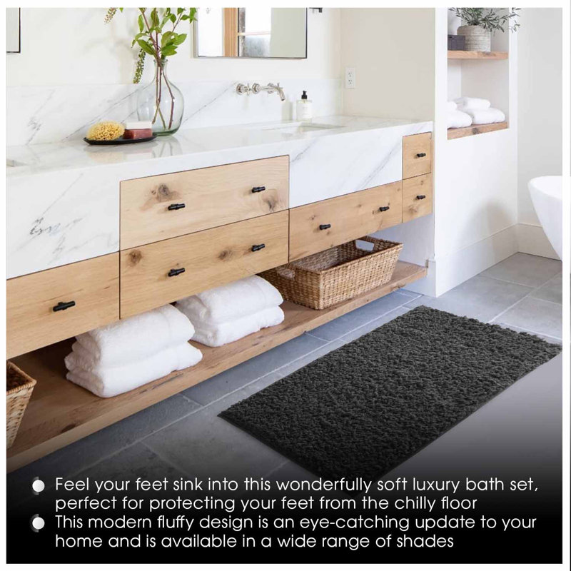 Luxury Zero Twist Bath Mat Set 2 Piece Plush Microfiber Bathroom Rug & Pedestal Mat Non Slip Absorbent Washable, Black