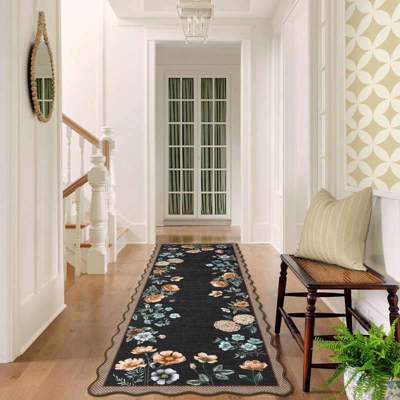 Farmhouse Floral Machine Washable Rug with Non Slip TPR Backing, Soft Non Shedding Scalloped Carpet, Low Pile Thin Floor Mats