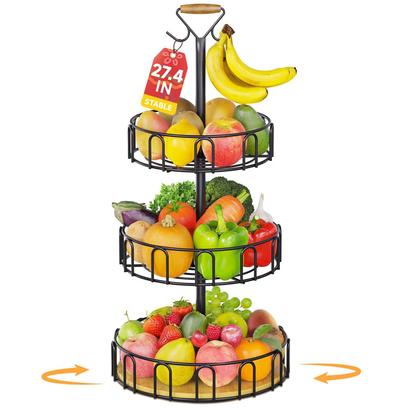 Panier de fruits rotatif à 3 niveaux - Organisateur de comptoir de cuisine avec 2 crochets à banane pour fruits et légumes
