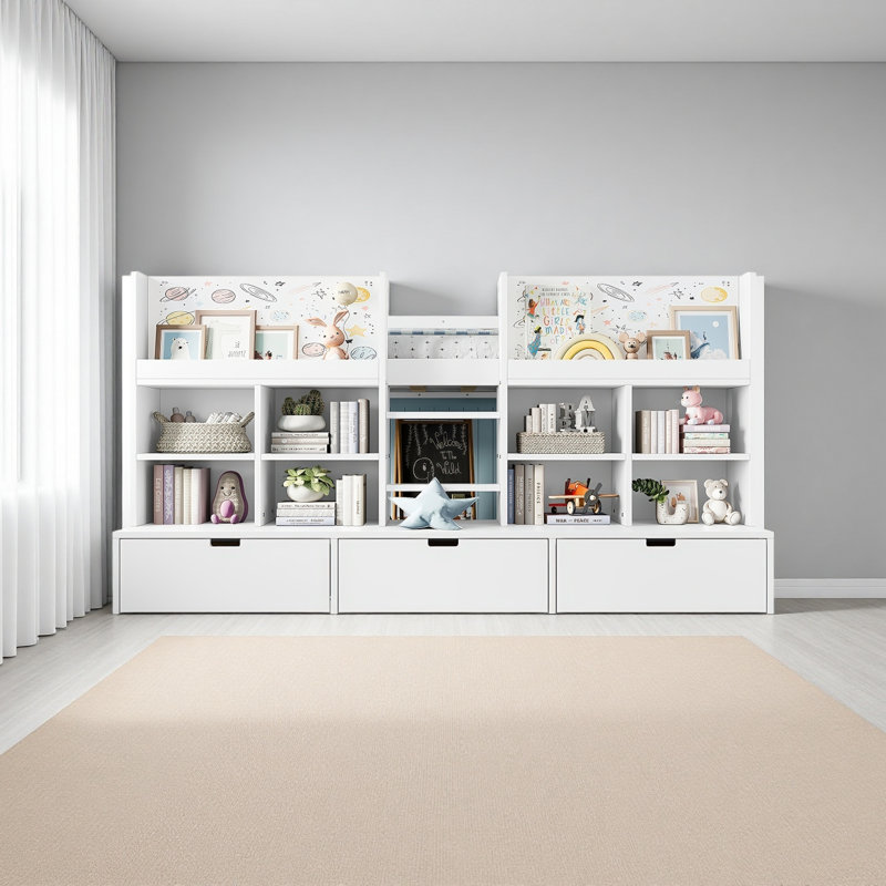 Lit mezzanine avec tablettes et rangements multiples, Lit simple, Blanc
