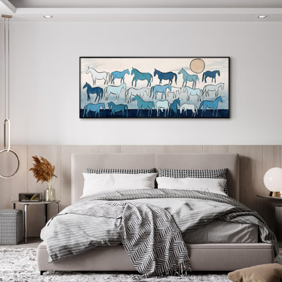 Très grande reproduction d'art sur toile - Motif de cheval bleu monochrome minimaliste, décoration pour le salon ou la chambre à coucher - «Assemblage requis du cadre (cadre non fini)»