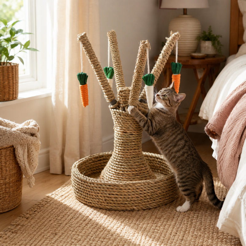 Poteau à griffer en forme de branche de sisal pour chat avec jouets suspendus, tour Jaciah en corde naturelle pour chats d'intérieur