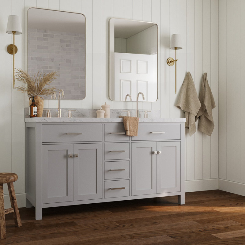 Meuble-lavabo double 60 po avec plateau en marbre blanc de Carrare Abbate, gris