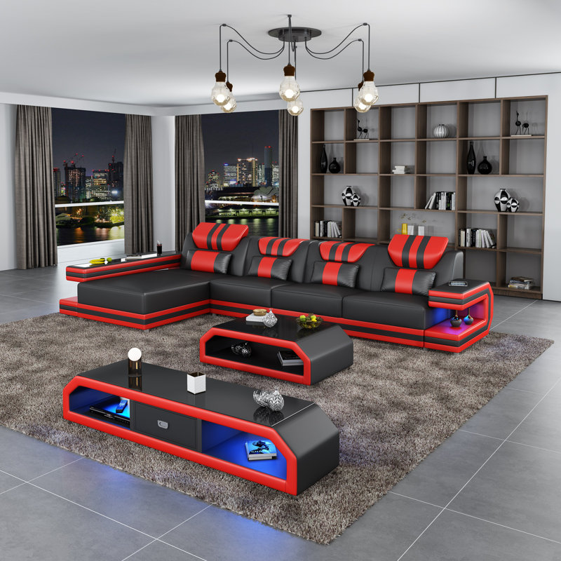 Lightspeed Modular Sectional, Black/White Genuine Leather, Left Hand Facing