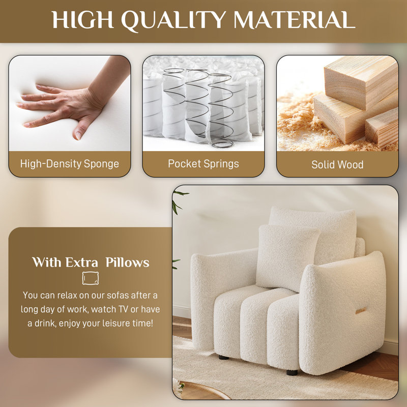 Fauteuil d'appoint en tissu 38 po avec siège moelleux, Beige / Blanc
