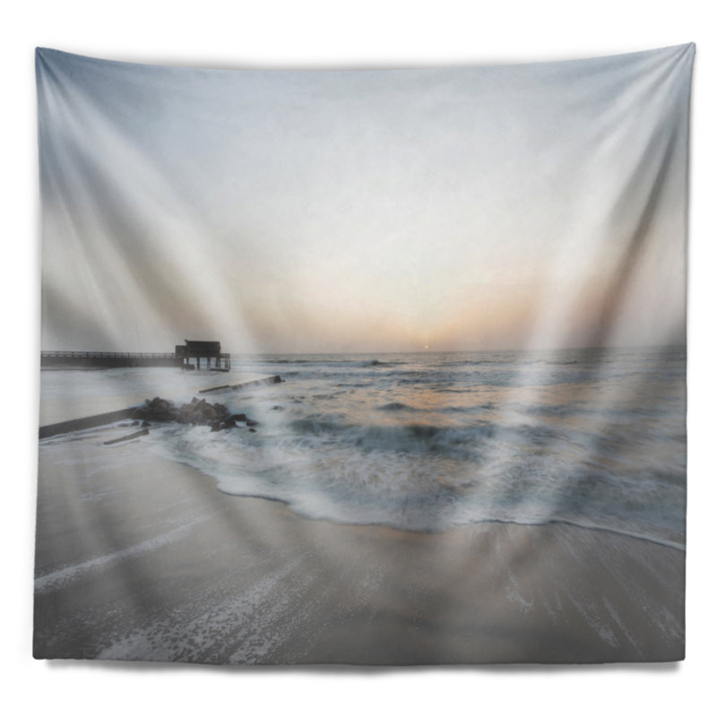 Plage bleu serene avec tapisserie soleil blanc, H 50 po x l 60 po