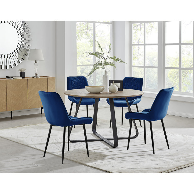 Venedocia Round Wood Effect Dining Table & 4 Luxury Velvet Dining Chairs, Navy/Black