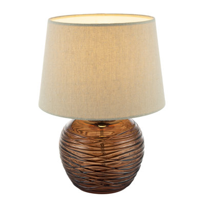 Modern Designer Amber Glass Table Lamp With Oatmeal Beige Linen Fabric Shade By 