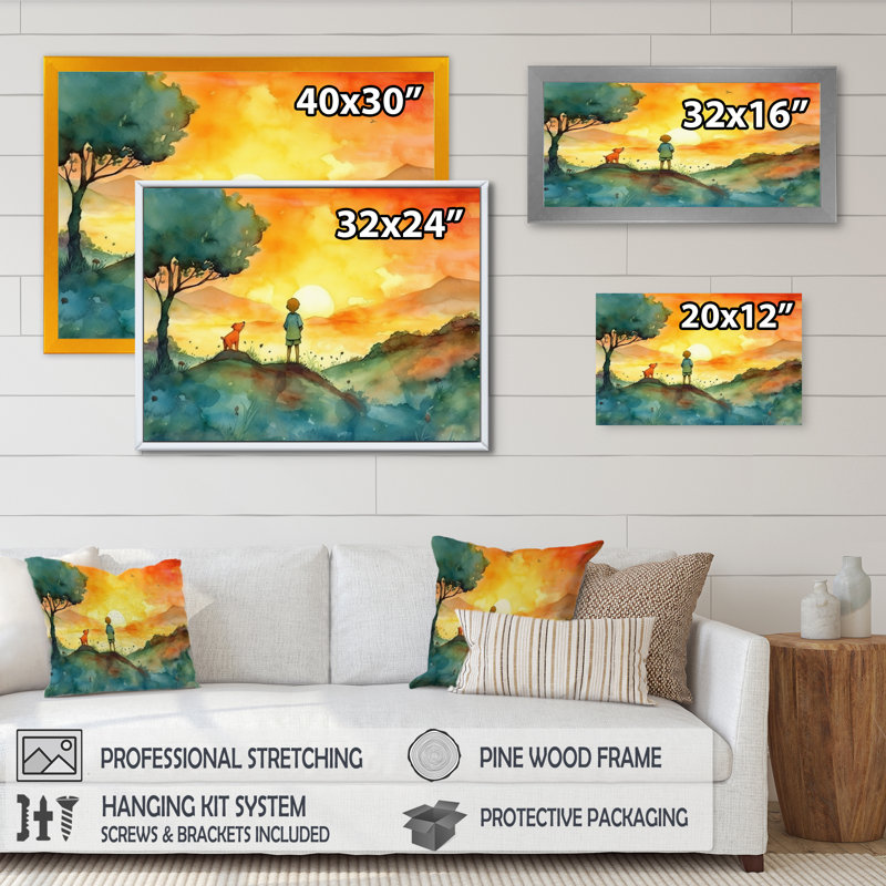 Children On A Farm III - Farm Landscape, reproduction d'art mural, Cadre photo noir, H 12 po x l 20 po