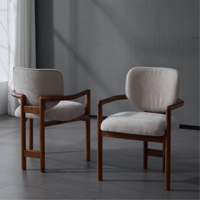 Dining Chairs Set Of 2 Upholstered Arm Chairs, Rubber Wood Accent Chairs Beige Fabric Seating, 300 LBS Weight Capacity