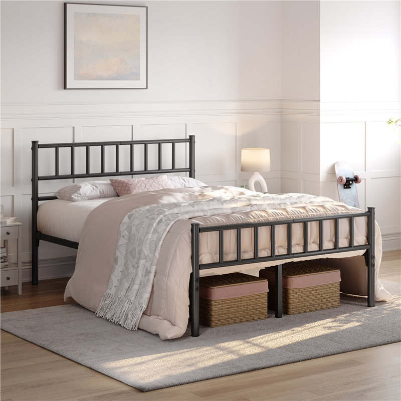 Minimalist Metal Bed Frame with Slatted Headboard, Double (4'6), Black