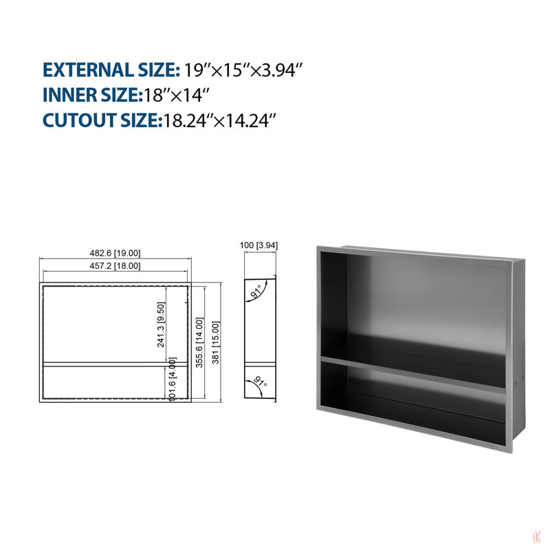 Stainless Steel Shower Niche , Gunmetal Black, 4.03"H x 19.09"W x 15.09"D, Satin Black