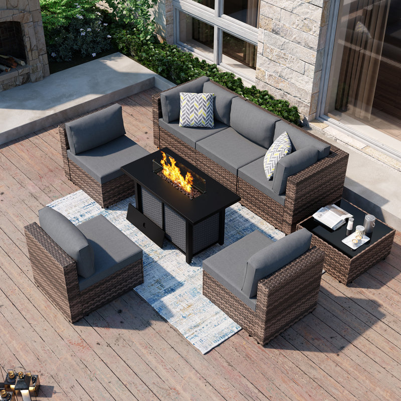 Emanie 6-Person Wicker Outdoor Seating Group with Cushions and Fire Pit, Brown, Gray