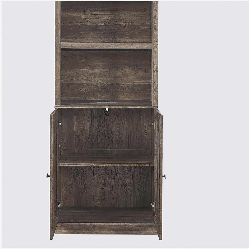 Bibliothèque 1 porte avec port USB et 3 tablettes ouvertes avec tablettes latérales, brun rustique, Brun