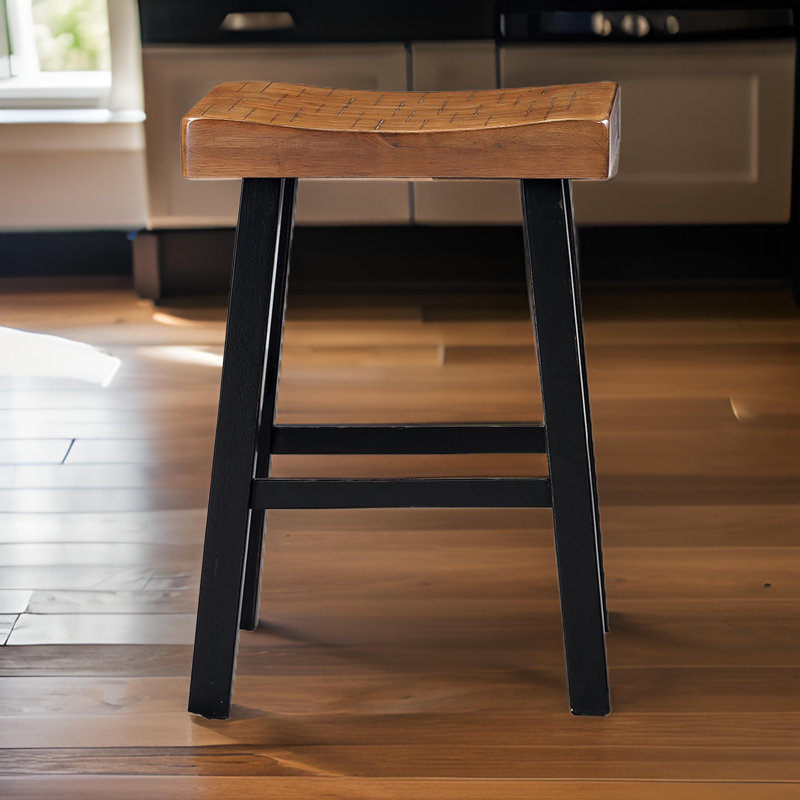 Bianca Barstool Set Of 2, Saddle Seat, Farmhouses Style Solid Wood, Counter Stool (24” Seat Height), Light Brown/Black