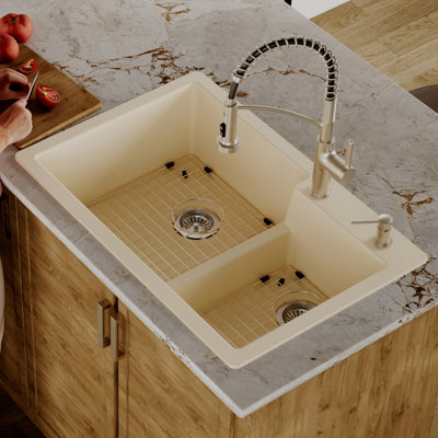 Karran Quartz 33'' X 22'' Double Bowl 60/40 Top Mount Drop-in Kitchen Sink Kit