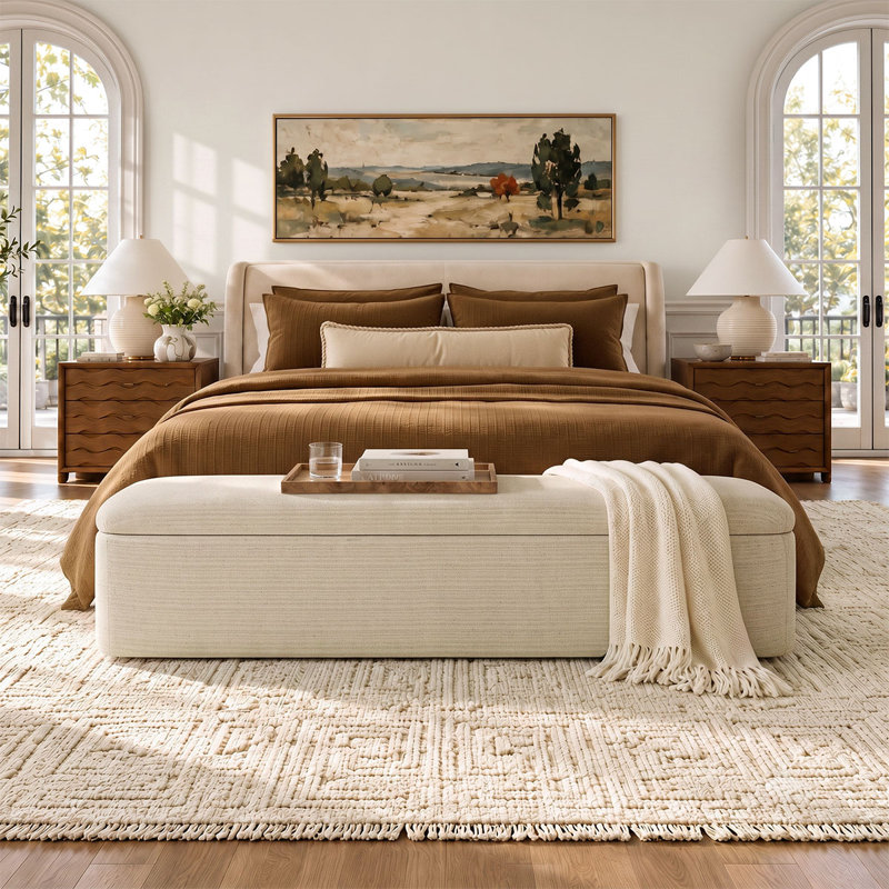 Banc de rangement moderne rembourré de 70 pouces, Beige