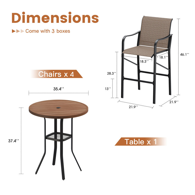 4-Person Patio Bar Height Set with Round Bar Table and 4 PVC-coated polyester Bar Chairs, Brown/Brown