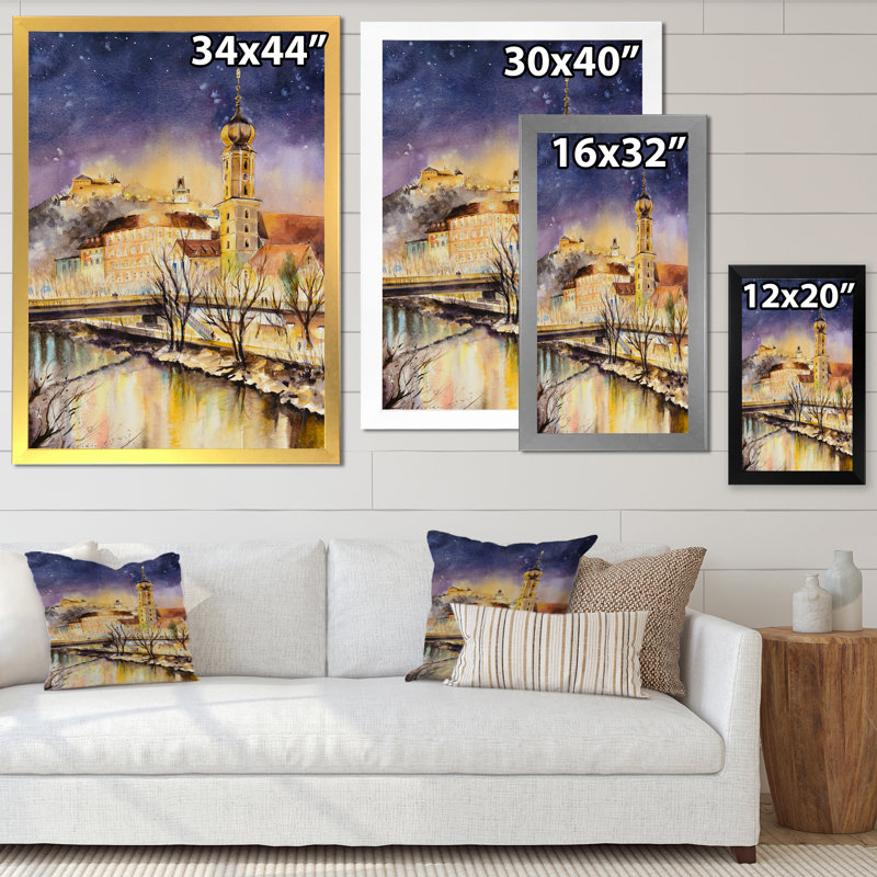 «Vintage Church By The River In Old Europe», peinture sur toile, Toile avec cadre de coin noir fermé, H 20 po x l 12 po